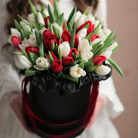 49 разноцветных тюльпанов в черной коробке